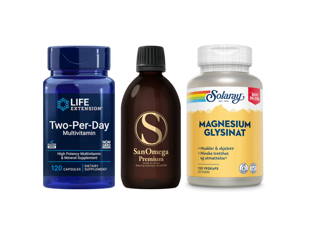 Vinterpakken: SanOmega Premium, Two-Per-Day Multivitamin og Solaray Magnesium Glysinat